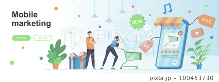 Mobile marketing landing page with people characters. Mobile advertising, promotion web banner. Retail discounts, shopping vector illustration. Flat concept Mobile marketing landing page with people characters. Mobile advertising, promotion web banner. Retail discounts, shopping vector illustration. Flat concept 100453730