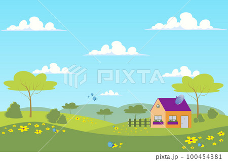 Spring village with green meadow landscape background in flat cartoon style. House is in valley, garden trees, butterflies fly over wildflowers. Nature scenery. Vector illustration of web banner 100454381