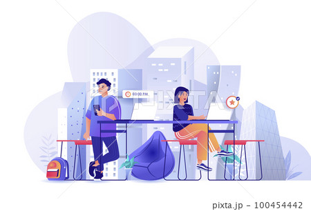 Colleagues at coworking office scene. Man and woman working in open office together. Freelance worker, business, coworker cooperation concept. Vector illustration of people characters in flat design 100454442