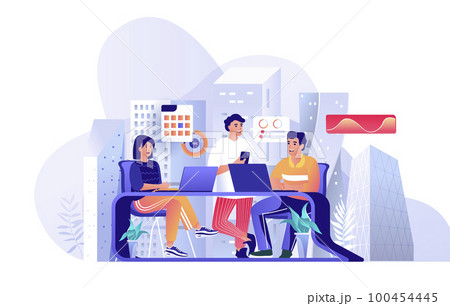 Colleagues at business meeting scene. Team seminar, teamwork at office, conference and brainstorming, collaboration, communication concept. Vector illustration of people characters in flat design 100454445