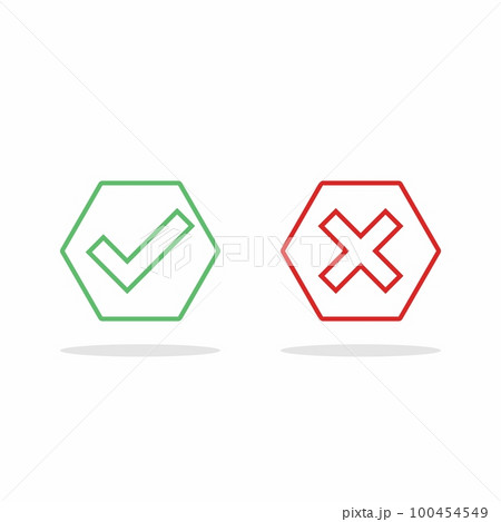 Check and wrong marks, Tick and cross marks, Accepted/Rejected, Approved/Disapproved, Yes/No, Right/Wrong, Green/Red, Correct/False, Ok/Not Ok - vector mark symbols in green and red. Isolated icon. Check and wrong marks, Tick and cross marks, Accepted/Rejected, Approved/Disapproved, Yes/No, Right/Wrong, Green/Red, Correct/False, Ok/Not Ok - vector mark symbols in green and red. Isolated icon. 100454549