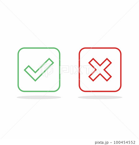 Check and wrong marks, Tick and cross marks, Accepted/Rejected, Approved/Disapproved, Yes/No, Right/Wrong, Green/Red, Correct/False, Ok/Not Ok - vector mark symbols in green and red. Isolated icon. 100454552