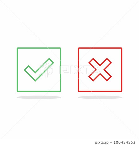 Check and wrong marks, Tick and cross marks, Accepted/Rejected, Approved/Disapproved, Yes/No, Right/Wrong, Green/Red, Correct/False, Ok/Not Ok - vector mark symbols in green and red. Isolated icon. 100454553