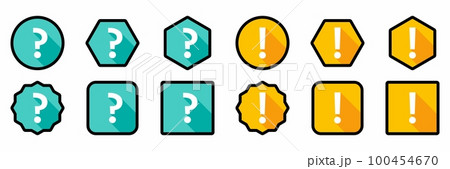 Question mark Icon Set, FAQ sign, Help symbol. Exclamation mark Icon Set, Attention sign, Caution icon, Hazard warning symbol. Light blue and Yellow style. Black stroke design. 100454670