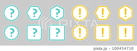 Question mark Icon Set, FAQ sign, Help symbol. Exclamation mark Icon Set, Attention sign, Caution icon, Hazard warning symbol. Light blue and Yellow style. 100454710