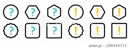 Question mark Icon Set, FAQ sign, Help symbol. Exclamation mark Icon Set, Attention sign, Caution icon, Hazard warning symbol. Light blue and Yellow style. 100454713