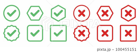 Check and wrong marks Icon Set, Tick and cross marks, Accepted,Rejected, Approved,Disapproved, Yes,No, Right,Wrong, Green,Red, Correct,False, Ok,Not Ok - vector mark symbols in green and red. 100455151