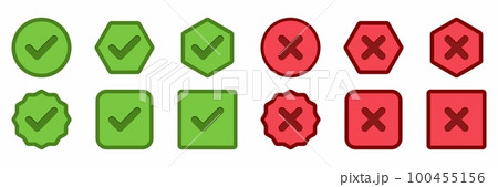 Check and wrong marks Icon Set, Tick and cross marks, Accepted,Rejected, Approved,Disapproved, Yes,No, Right,Wrong, Green,Red, Correct,False, Ok,Not Ok - vector mark symbols in green and red. Check and wrong marks Icon Set, Tick and cross marks, Accepted,Rejected, Approved,Disapproved, Yes,No, Right,Wrong, Green,Red, Correct,False, Ok,Not Ok - vector mark symbols in green and red. 100455156