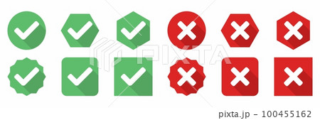 Check and wrong marks Icon Set, Tick and cross marks, Accepted,Rejected, Approved,Disapproved, Yes,No, Right,Wrong, Green,Red, Correct,False, Ok,Not Ok - vector mark symbols in green and red. Check and wrong marks Icon Set, Tick and cross marks, Accepted,Rejected, Approved,Disapproved, Yes,No, Right,Wrong, Green,Red, Correct,False, Ok,Not Ok - vector mark symbols in green and red. 100455162