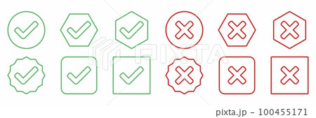 Check and wrong marks Icon Set, Tick and cross marks, Accepted,Rejected, Approved,Disapproved, Yes,No, Right,Wrong, Green,Red, Correct,False, Ok,Not Ok - vector mark symbols in green and red. Check and wrong marks Icon Set, Tick and cross marks, Accepted,Rejected, Approved,Disapproved, Yes,No, Right,Wrong, Green,Red, Correct,False, Ok,Not Ok - vector mark symbols in green and red. 100455171