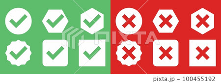 Check and wrong marks Icon Set, Tick and cross marks, Accepted,Rejected, Approved,Disapproved, Yes,No, Right,Wrong, Green,Red, Correct,False, Ok,Not Ok - vector mark symbols in green and red. 100455192