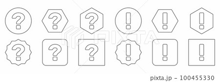 Question mark Icon Set, FAQ sign, Help symbol. Exclamation mark Icon Set, Attention sign, Caution icon, Hazard warning symbol. Black outline design. Question mark Icon Set, FAQ sign, Help symbol. Exclamation mark Icon Set, Attention sign, Caution icon, Hazard warning symbol. Black outline design. 100455330