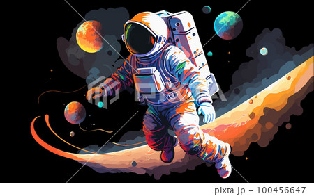 Astronaut explores space being desert planet. Astronaut space suit performing extra cosmic activity space against stars and planets background. Human space flight. Modern vector illustration 100456647