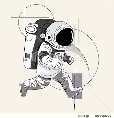 Astronaut explores space being desert planet. Astronaut space suit performing extra cosmic activity space against stars and planets background. Human space flight. Modern vector illustration 100456655
