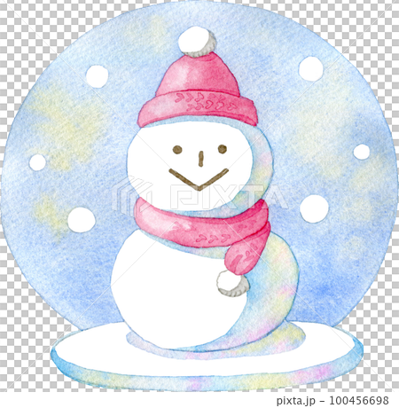赤いマフラーとニット帽の雪だるまの水彩イラスト(背景付き)のイラスト