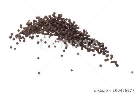 Black Pepper seeds fly explosion, Black Pepper float explode, abstract cloud fly. Black Peppercorn splash throwing in Air. White background Isolated high speed shutter, freeze motion 100456977