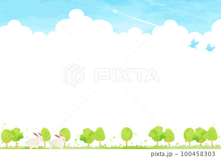 シンプルなウサギと緑豊かな風景イラスト 100458303