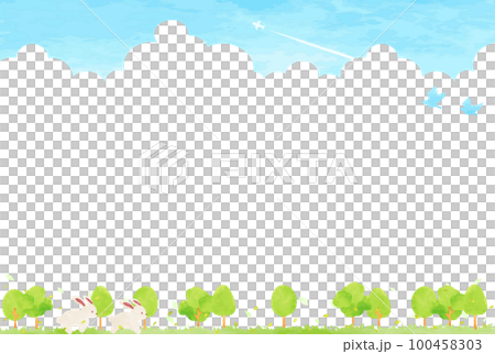 シンプルなウサギと緑豊かな風景イラスト 100458303