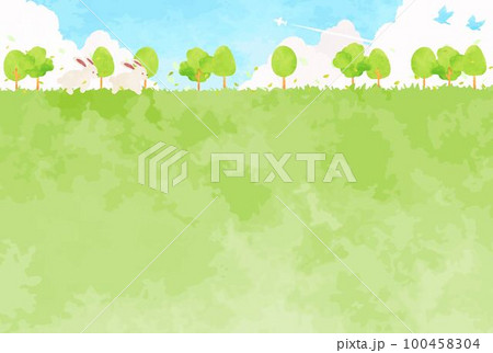 ウサギと緑豊かな風景イラスト 100458304