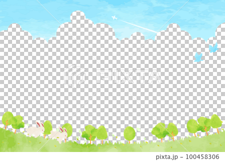 寧靜的綠色景觀和兔子背景圖 100458306