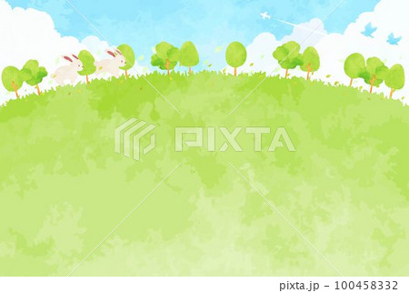 ほんわか可愛いウサギと緑の風景イラスト 100458332