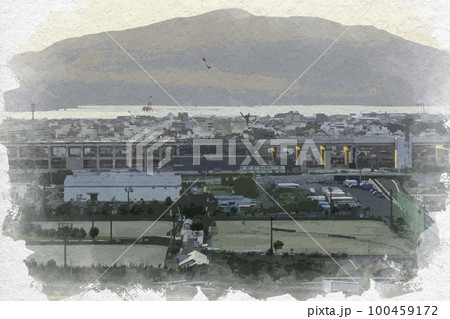 水彩画風　敦賀市街地　福井県敦賀市 100459172