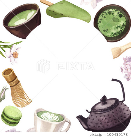 Watercolor frame with green tea matcha. Japanese tea ceremony hand-drawn illustration isolated on white background. Perfect food menu, concept for cafe, restaurant element, recipe book, cooking. Watercolor frame with green tea matcha. Japanese tea ceremony hand-drawn illustration isolated on white background. Perfect food menu, concept for cafe, restaurant element, recipe book, cooking. 100459178