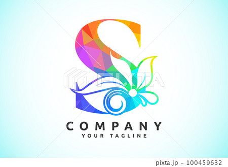 Polygonal floral letter. Low poly style alphabet with botanical elements. Vector illustration 100459632