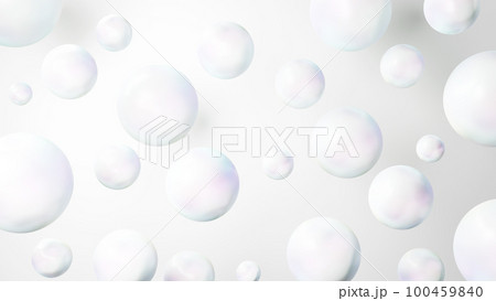 白背景に真珠のような綺麗な複数の球体。背景素材。コピースペース。(横長) 白背景に真珠のような綺麗な複数の球体。背景素材。コピースペース。(横長) 100459840