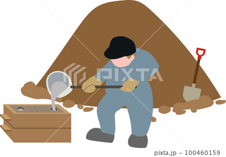 鋳造　砂型　鋳込み　湯上り、ガス抜き穴あり　人あり　鋳物砂の山あり 100460159