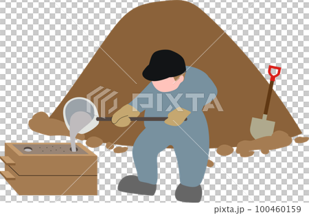 鋳造　砂型　鋳込み　湯上り、ガス抜き穴あり　人あり　鋳物砂の山あり 100460159