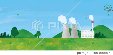 地熱発電と山と草原の風景イラスト水彩画 地熱発電と山と草原の風景イラスト水彩画 100460607