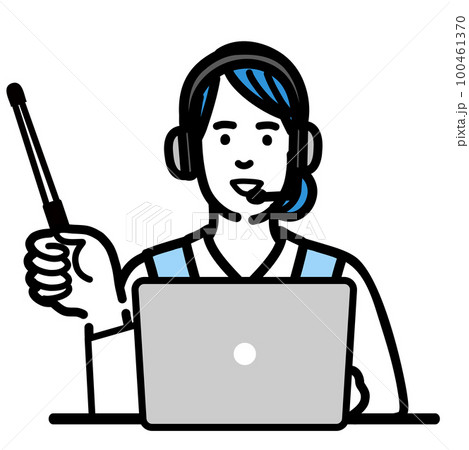 ラップトップの前に座って指し棒で解説しているオペレーターの若い女性 100461370