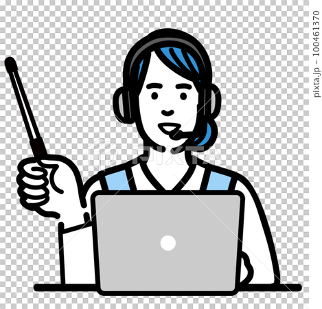 ラップトップの前に座って指し棒で解説しているオペレーターの若い女性 100461370