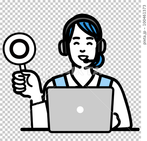 ラップトップの前に座ってマルの札を持って笑顔のオペレーターの若い女性 100461373