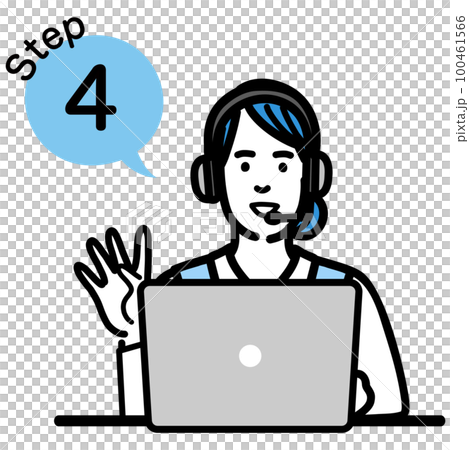 Step 4 Young female operator sitting in front of her laptop and explaining the procedure Step 4 Young female operator sitting in front of her laptop and explaining the procedure 100461566