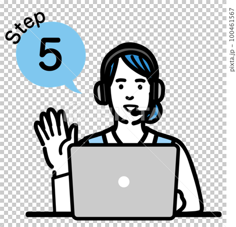 Step 5 Young female operator sitting in front of her laptop and explaining the procedure Step 5 Young female operator sitting in front of her laptop and explaining the procedure 100461567