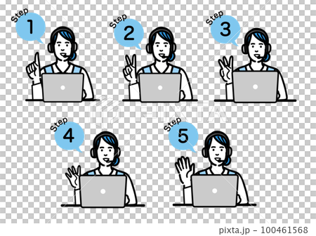 Set of young operator woman sitting in front of laptop and explaining procedure Set of young operator woman sitting in front of laptop and explaining procedure 100461568
