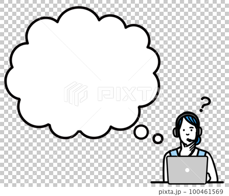 Young operator woman sitting in front of laptop and thinking with speech bubble 100461569