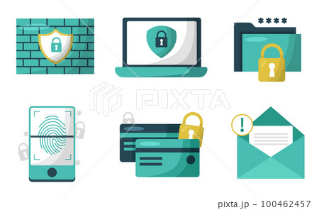 Digital data protection design element vector. Cyber security illustration set. Cloud computing network safety concept. 100462457