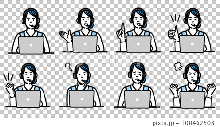 Set of gestures of an operator young woman sitting in front of a laptop Set of gestures of an operator young woman sitting in front of a laptop 100462503