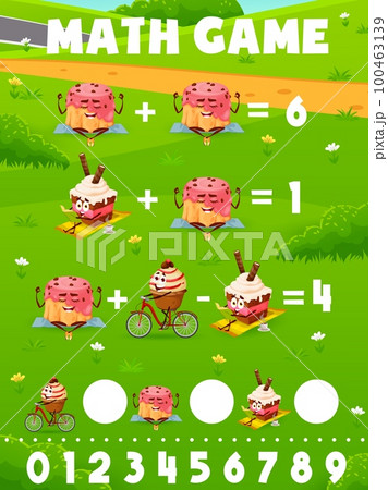 Cartoon dessert, cake and pancake characters math game worksheet. Vector arithmetic learning task, mathematics riddle for children education with funny pastry sweets personages summertime activities 100463139