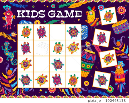 Sudoku game. Brazilian and mexican turtles and animals worksheet. Kids logical game, puzzle or vector quiz with ornate parrots birds, Brazil wildlife lizard, musical instruments and colorful ornaments 100463158