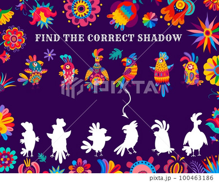 Find the correct shadow of brazilian parrots kids game. Shadow match vector riddle worksheet with tropical birds in traditional alebrije style. Search suitable silhouette of parrot children logic task Find the correct shadow of brazilian parrots kids game. Shadow match vector riddle worksheet with tropical birds in traditional alebrije style. Search suitable silhouette of parrot children logic task 100463186