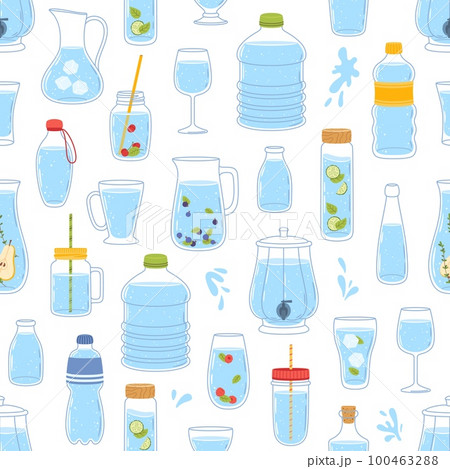 Seamless pattern with glass and plastic water bottle or containers, vector background. Drink cups and beverage jugs, soda glass cup, beer and wine, juice pitcher or tea mug and carafe bottles pattern 100463288