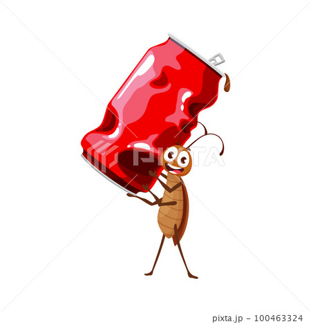 Cartoon cockroach character carry old tin can. Isolated vector funny bug, insect with garbage, cute book or game personage with smiling face, roach with soda jar 100463324