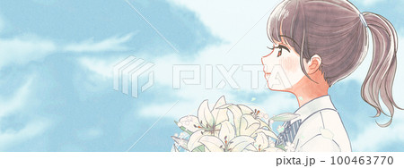 百合の花束を持った爽やかな女子高生と青空のイラストバナー 100463770