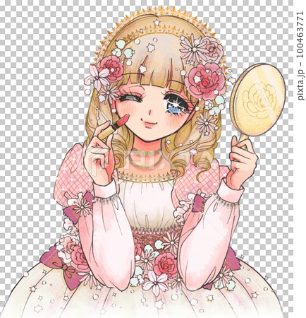 Illustration of a gorgeous princess applying lipstick in a shoujo manga style 100463771