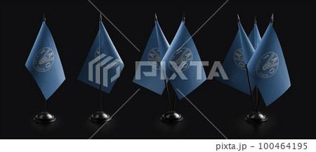 Small national flags of the Food and agriculture organization on a black background 100464195