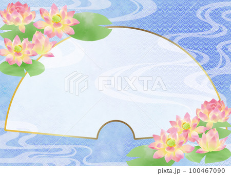 伝統文様と睡蓮の扇型和風フレーム 伝統文様と睡蓮の扇型和風フレーム 100467090